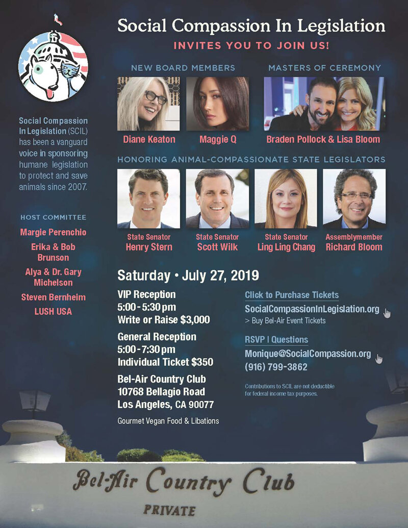 Humane legislation group Social Compassion in Legislation (SCIL) Fundraiser at Bel-Air County Club – July 27, 2019