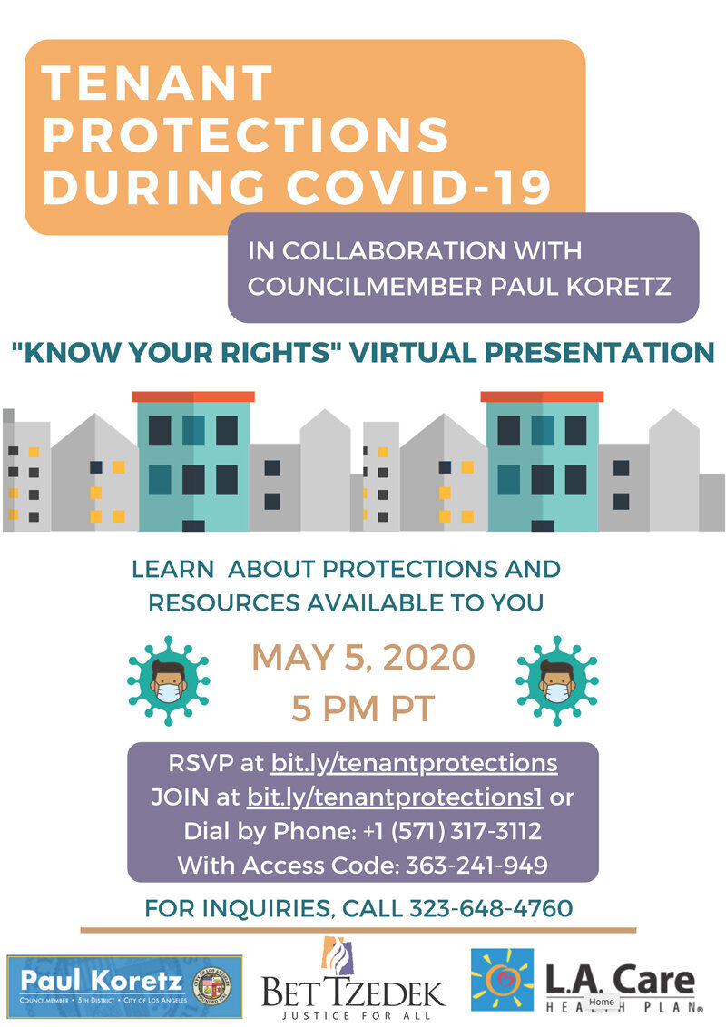 Tenant Protections during COVID-19:  Councilmember Paul Koretz’s “Know Your Rights” virtual presentation – May 5 at 5 PM
