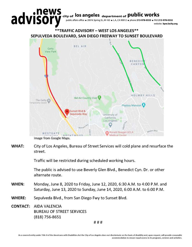 TRAFFIC ALERT:  Sepulveda Resurfacing June 8 -June 14, 2020