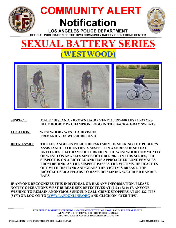 LAPD:  Community Alert – Sexual Battery (Westwood)