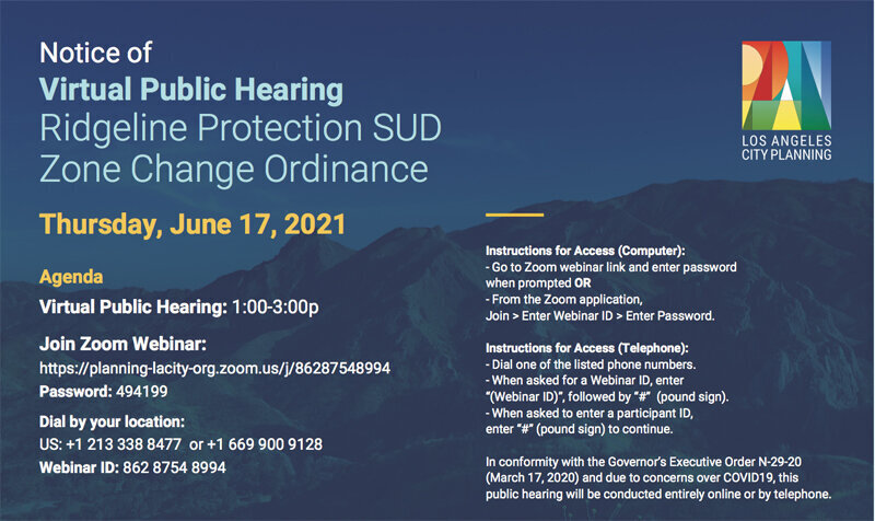 Zone Change Hearing:  Ridgeline Protection SUD Zone Change Ordinance – Thursday, June 17, 2021