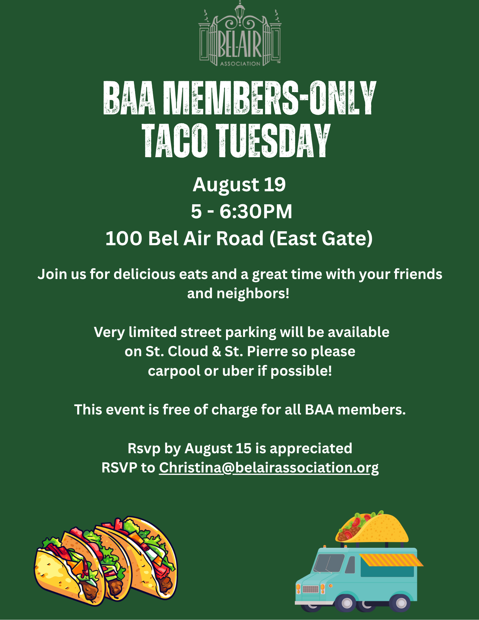 BAA MEMBERS-ONLY TACO TUESDAY  AUGUST 19 – LAST CHANCE TO RSVP!